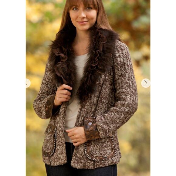 Y2K Size M Fairy Grunge Ruffled Cardigan Racoon Fur Trim Whimsigoth Brown - Picture 2 of 10